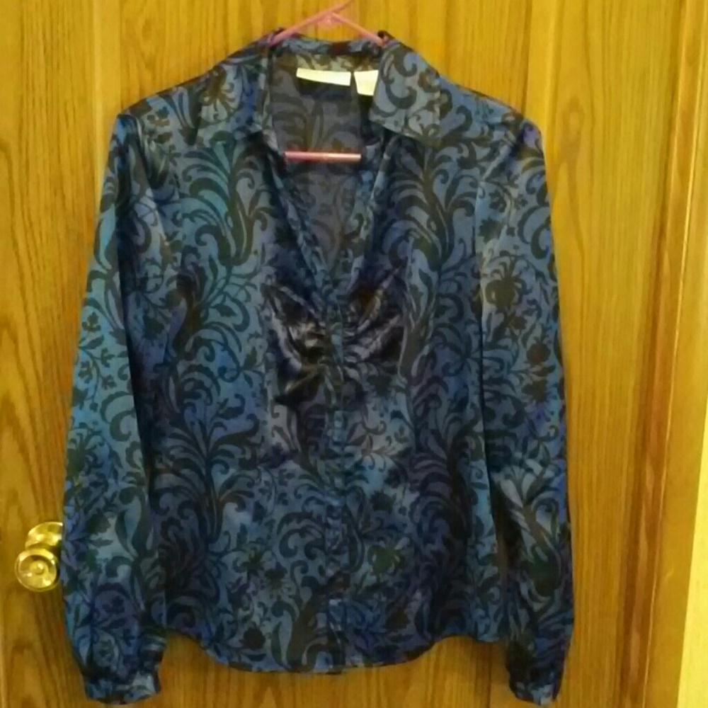 Worthington size 8 blouse satiny blue with black